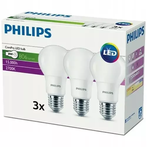 Zestaw 3x żarówka LED biała ciepła E27 8W =60W 2700K 806lm Philips 3