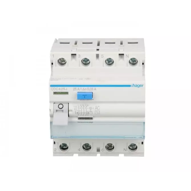Wyłącznik różnicowoprądowy 4P 25A 0,03A typ AC | HAGER POLO | CDC425J 1