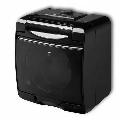 Gniazdo pojedyn. z uziem. 2P+Z klapka dymna czarny JUNIOR Karlik 12GHE-1d 1